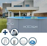 Stahlwandpool Set (6-teilig) hoch rund 300 x 120 cm, Stahl 0,4 mm wei&szlig; Folie...