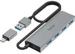 Hama USB-Hub 4 Ports, inkl. USB-C-Adapter u. Netzteil - Grau