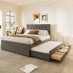 Flieks Polsterbett 140x200cm Doppelbett mit ausziehbarem Unterbett, Massivholzbett