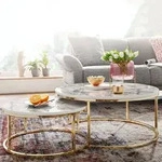 WOHNLING Couchtisch 2er Set Wei&szlig; Gold Marmor Optik Sofatisch Rund Modern Couchtische