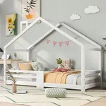 Flieks Hausbett Kinderbett 90*200cm, Kiefernholzbett mit Rausfallschutz und