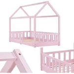 Juskys Kinderbett Marli 90 x 200 cm mit Matratze, Lattenrost & Dach - Holz Rosa -