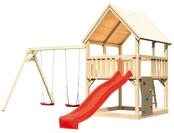 Akubi Kinderspielturm Luis mit Doppelschaukel, Kletterwand und Wellenrutsche rot