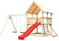 Akubi Kinderspielturm Luis mit Doppelschaukel, Netzrampe und Wellenrutsche rot