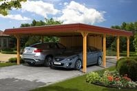 Carport Wendland 630x879 rote Blende, eiche hell, mit Abstellraum, Dachschalung...