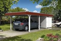 Carport Wendland 409x870 rote Blende, wei&szlig;, mit Abstellraum, Dachschalung und...