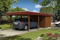 Skan Holz Walmdach Carport 409cm inkl. Abstellraum nussbaum rote Blende...
