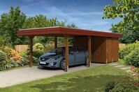 Carport Wendland 362x870 rote Blende, nussbaum, mit Abstellraum, Dachschalung...
