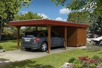 Carport Wendland 409x870 rote Blende, nussbaum, mit Abstellraum, Dachschalung...