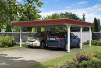 Skan Holz Walmdach Carport 630 cm rote Blende Gr&ouml;&szlig;e 1 wei&szlig; Holzcarport
