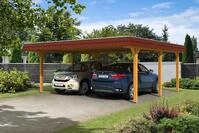 Skan Holz Walmdach Carport 630cm rote Blende Gr 1 eiche hell Holzcarport