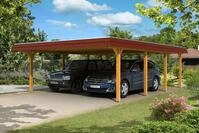 Skan Holz Walmdach Carport 630cm rote Blende Gr 2 eiche hell Holzcarport