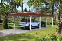 Skan Holz Walmdach Carport 409cm rote Blende Gr&ouml;&szlig;e 2 wei&szlig; Holzcarport