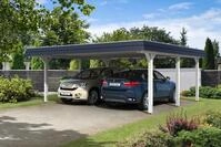 Skan Holz Walmdach Carport 630cm schwarze Blende Gr 1 wei&szlig; Holzcarport