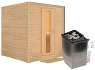 Karibu Sauna Mojave - Massivholzsauna mit Fronteinstieg 40 mm-9 kW Ofen integr.