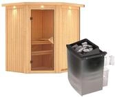 Karibu Sauna Taurin mit Eckeinstieg 68 mm-9 kW Ofen integr. Steuerung-inkl. Dachkranz