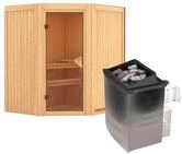 Karibu Sauna Taurin mit Eckeinstieg 68 mm-9 kW Ofen integr. Steuerung-ohne Dachkranz