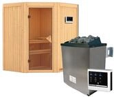 Karibu Sauna Taurin mit Eckeinstieg 68 mm-9 kW Ofen inkl. Steuerger&auml;t-ohne Dachkranz