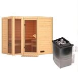 Karibu Sauna Amara-Massivholzsauna 40mm -Eckeinstieg - Exklusivoptik-9 kW Ofen