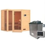 Karibu Sauna Amara-Massivholzsauna 40mm -Eckeinstieg - Exklusivoptik-9 kW Ofen mit