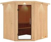 Karibu Sauna Siirin mit Eckeinstieg 68 mm-Ohne Ofen-inkl. Dachkranz-Ganzglast&uuml;r in