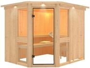 Karibu Amelia 3 - Sauna mit Eckeinstieg 68 mm-Ohne Ofen-inkl. Dachkranz