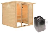 Karibu Woodfeeling Sauna Jutta - 38 mm Bronzierte Ganzglast&uuml;r Inkl. Dachkranz 9 kW