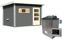 Karibu Saunahaus Skrollan 2 mit Vorraum terragrau-9 kW Ofen inkl. Steuerger&auml;t