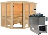 Karibu Sauna Ainur 3 Superior mit Eckeinstieg 68 mm Ohne Dachkranz 9 kW Ofen...