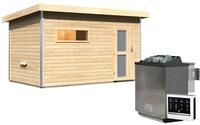 Karibu Saunahaus Skrollan 3 mit Vorraum naturbelassen-9 kW Bio-Kombiofen inkl.