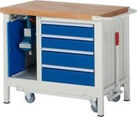 RAU Werkbank Modell 8185, fahrbar, absenkbar, mit Schrank und Schubladen, B 1000 x T