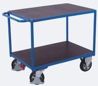 Schwerlast-Tischwagen, Stahl/Siebdruckplatte, Enzianblau/Dunkelbraun, 2 Etagen, L