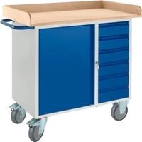 Werkbank mit Schrank, 6 Schubaden, 3-seitiger Holzumrand, 2 Lenkrollen/2...