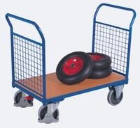 Doppel-Stirnwandwagen, Stahl/MDF-Platte, Enzianblau/Buche-Dekor, L 850 x B 500 mm,
