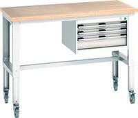 Bott Werkbank cubio, 4 Rollen, mit H&auml;ngeschrank, Buche-Multiplexplatte, B 1500 x T