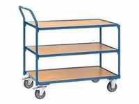 Tischwagen, 3 Ebenen, Stahl/Holz, blau-buche, B 1000 x T 600 mm, bis 300 kg,