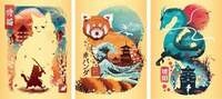 Minipuzzle-Trio 100 Teile - Ukiyo-e Katzenkrieger, Roter Panda & Drache