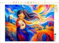 CALVENDO Puzzle Puzzlespiel M&auml;dchen mit Katze im herbstlichen Wind auf farbiger