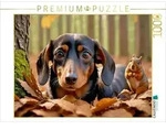 CALVENDO Puzzle Dackel und Eichh&ouml;rnchen im Herbstlaub 1000 Teile Lege-Gr&ouml;&szlig;e 64 &times;