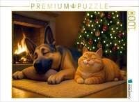 CALVENDO Puzzle Weihnachtsentspannung - Sch&auml;ferhund und Katze am Kamin 1000...