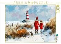CALVENDO Puzzle Winterspaziergang mit Hund am Meer Aquarellbild 1000 Teile