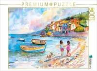 CALVENDO Puzzle Zwei Kinder mit Hund an mediterranem am Bootsstrand 1000 Teile