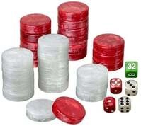 Spielsteine, Backgammon, Turnier, 40 x 10 mm, Kunststoff, rot wei&szlig;, inkl. W&uuml;rfel