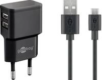 goobay 12W 2x USB-A Ladeger&auml;t mit Kabel 1m, schwarz
