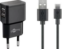 goobay 12W 2x USB-A Ladeger&auml;t mit Kabel 1m, schwarz