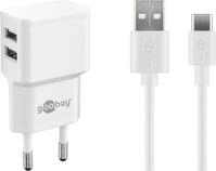 goobay 12W 2x USB-A Ladeger&auml;t mit Kabel 1m, wei&szlig;
