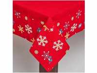Homescapes Tischdecke rote Schneeflocken Bordüre 100% Baumwolle 138 x 178 cm