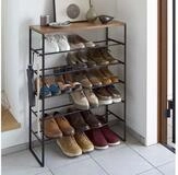 Yamazaki Schuhregal TOWER 6-st&ouml;ckiges Schuhregal mit Holzablage, Stahl / Holz,