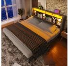 Flieks Polsterbett, LED-Beleuchtung Doppelbett mit Steckdose 140x200cm Leinen