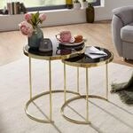 FINEBUY Satztisch FB49696 COMO schwarz/Gold Beistelltisch Metall/Glas Couchtisch